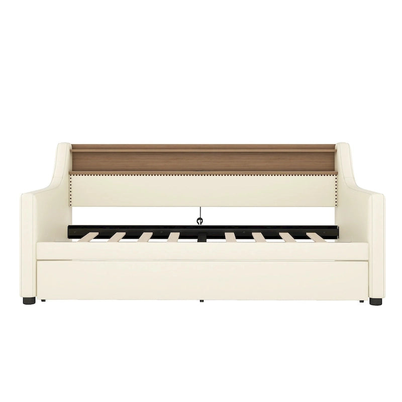 Lit de repos capitonné taille double avec lit gigogne et lumières LED
