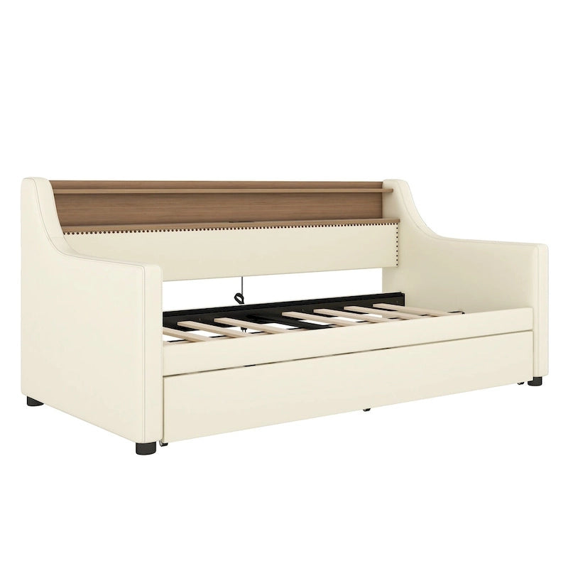 Lit de repos capitonné taille double avec lit gigogne et lumières LED