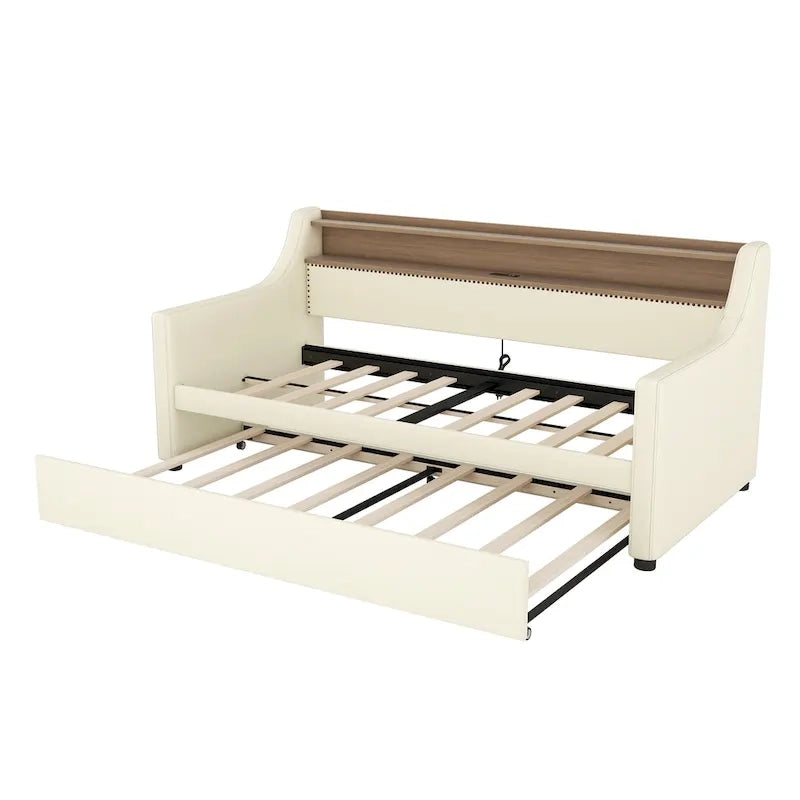 Lit de repos capitonné taille double avec lit gigogne et lumières LED