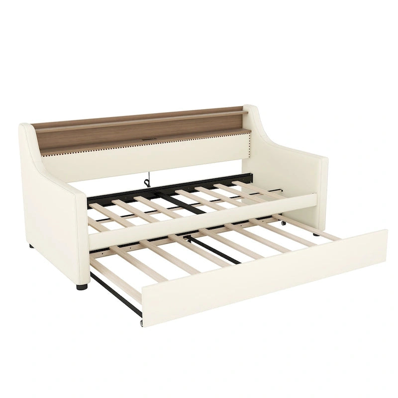 Lit de repos capitonné taille double avec lit gigogne et lumières LED