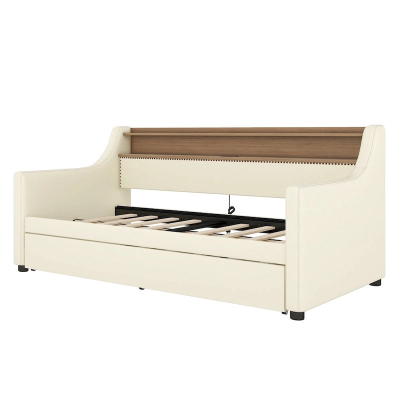 Lit de repos capitonné taille double avec lit gigogne et lumières LED