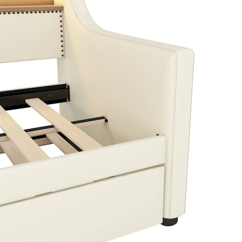 Lit de repos capitonné taille double avec lit gigogne et lumières LED
