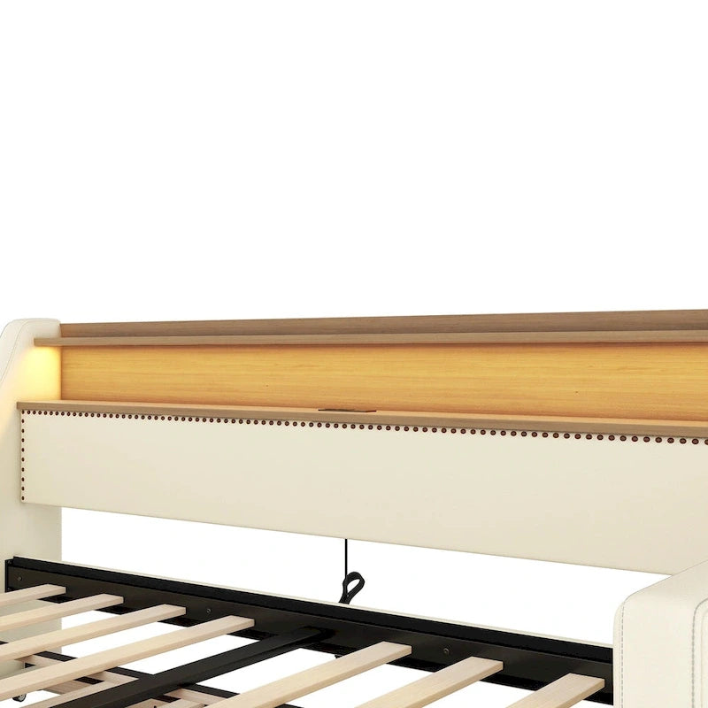 Lit de repos capitonné taille double avec lit gigogne et lumières LED