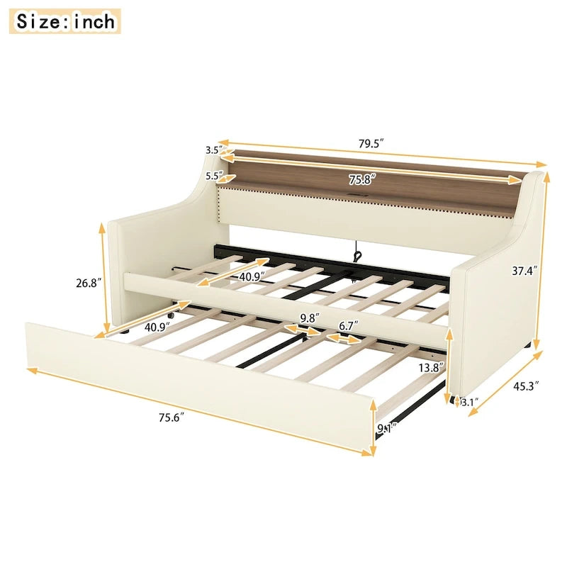 Lit de repos capitonné taille double avec lit gigogne et lumières LED
