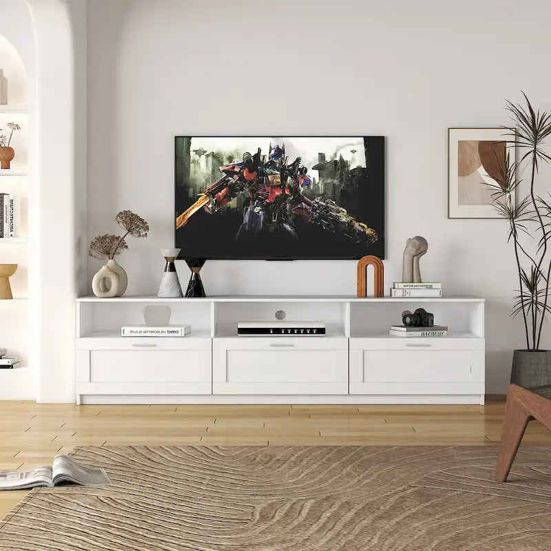 Meuble TV 70 pouces avec étagères ouvertes et tiroirs — Blanc