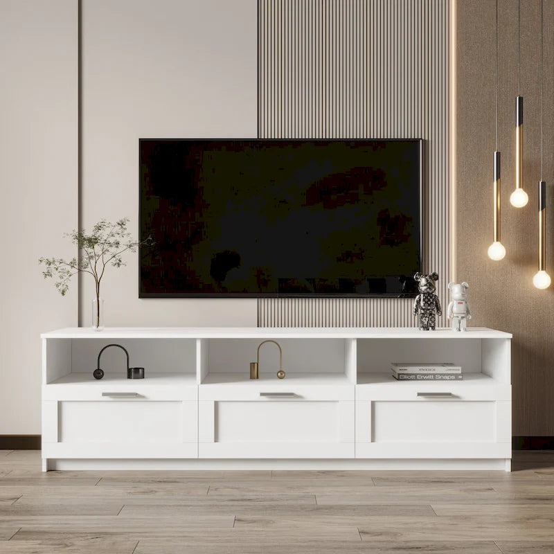 Meuble TV 70 pouces avec étagères ouvertes et tiroirs — Blanc