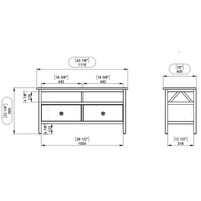 Meuble TV en bois avec étagère ouverte et 2 tiroirs, 112 cm de large, marron