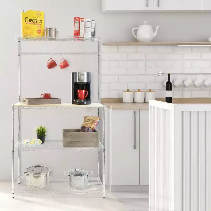 Mount-It! Étagère de boulanger avec plateau en bois | Étagère de rangement de cuisine avec crochets | Support de four à micro-ondes en métal robuste