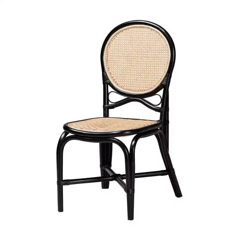 Chaise de salle à manger bicolore moderne mi-siècle en rotin noir et marron naturel bali & pari Ayana