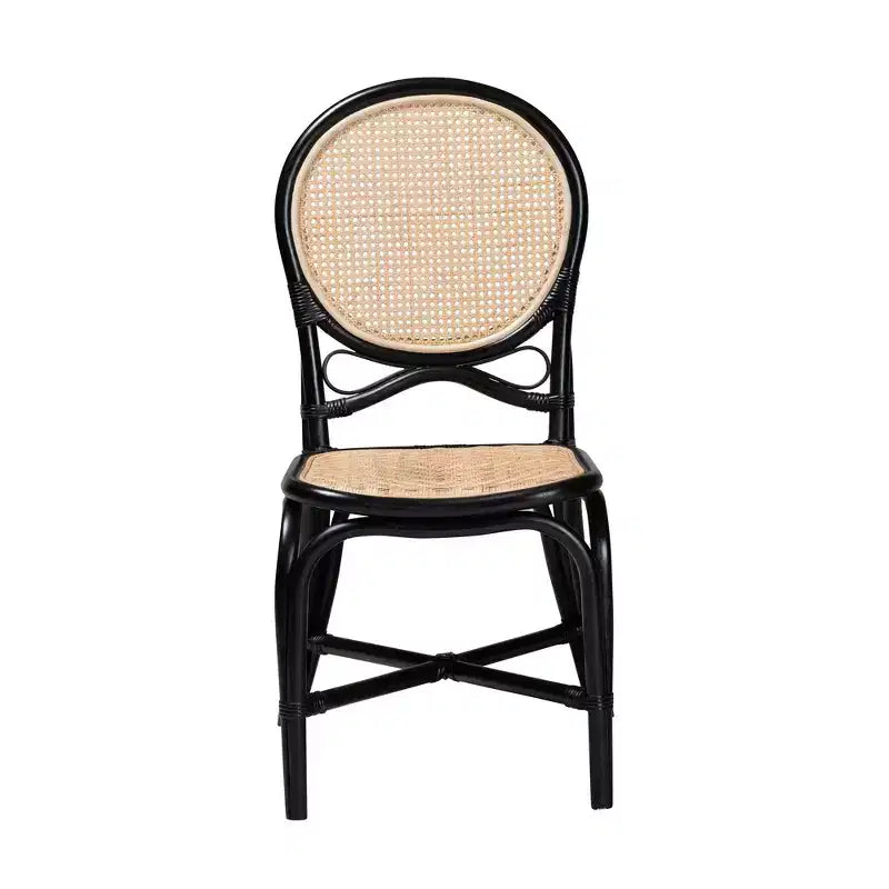 Chaise de salle à manger bicolore moderne mi-siècle en rotin noir et marron naturel bali & pari Ayana