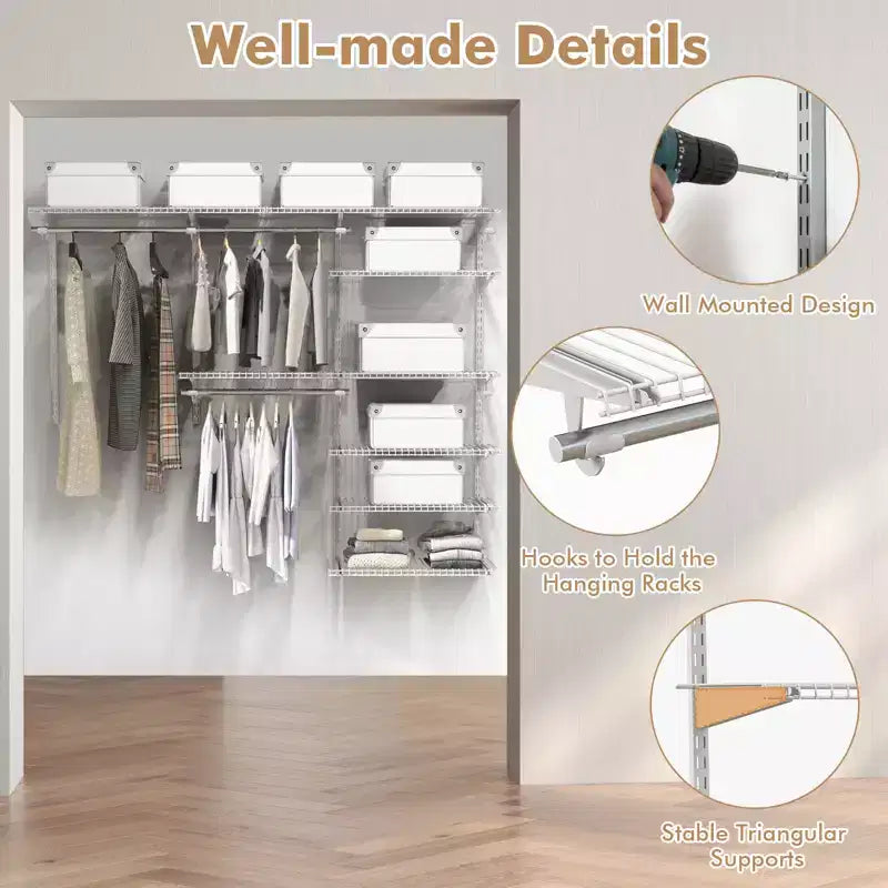 Kit organisateur de placard Costway personnalisé 1,2 à 1,8 m Système de placard mural avec tringle Blanc/Gris