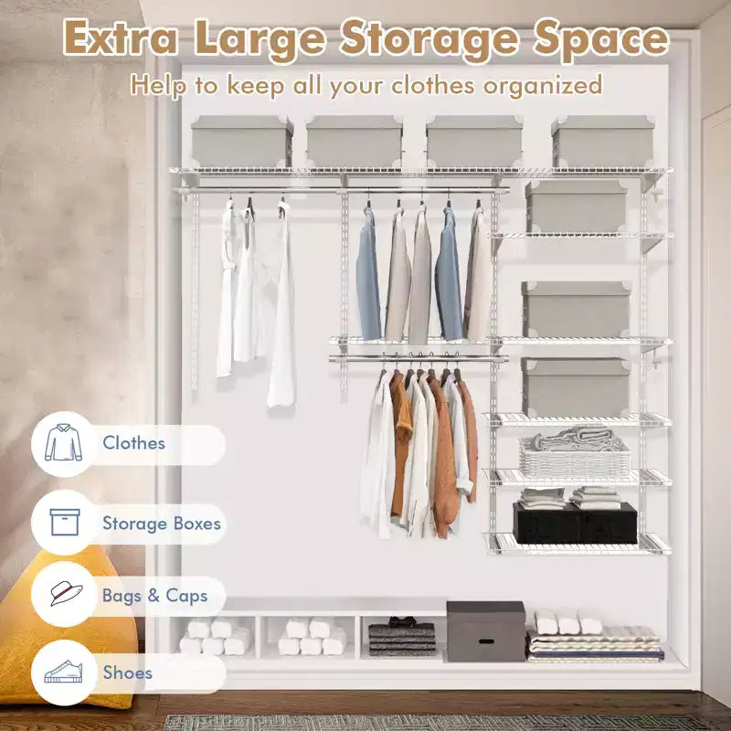 Kit organisateur de placard Costway personnalisé 1,2 à 1,8 m Système de placard mural avec tringle Blanc/Gris