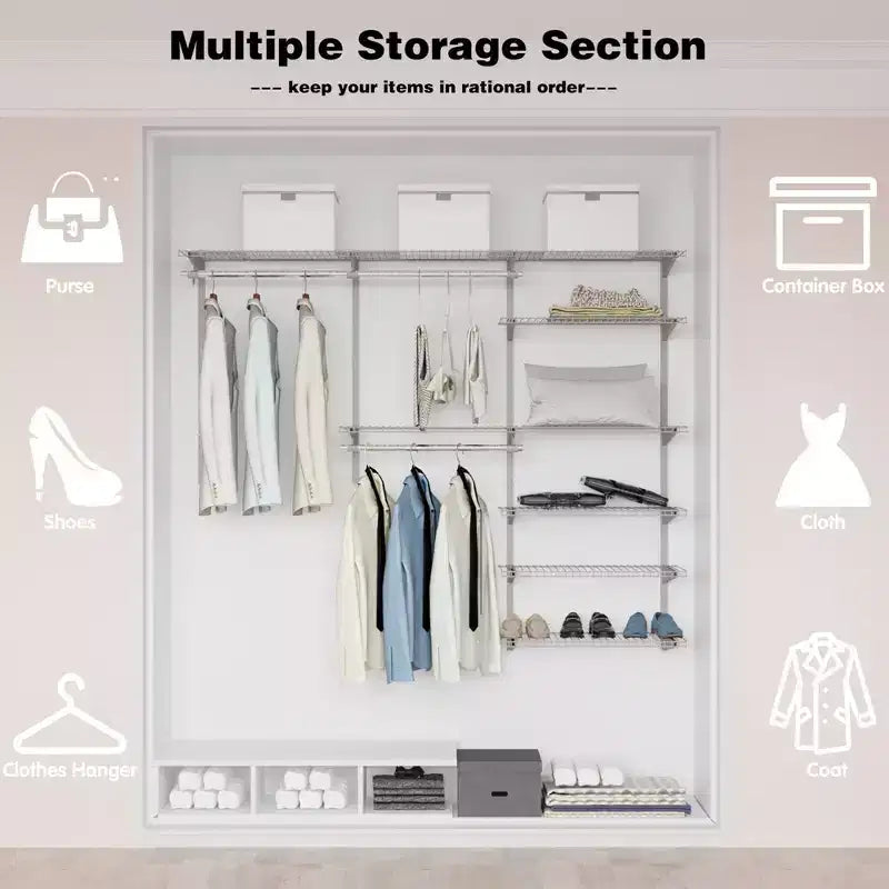 Kit organisateur de placard Costway personnalisé 1,2 à 1,8 m Système de placard mural avec tringle Blanc/Gris