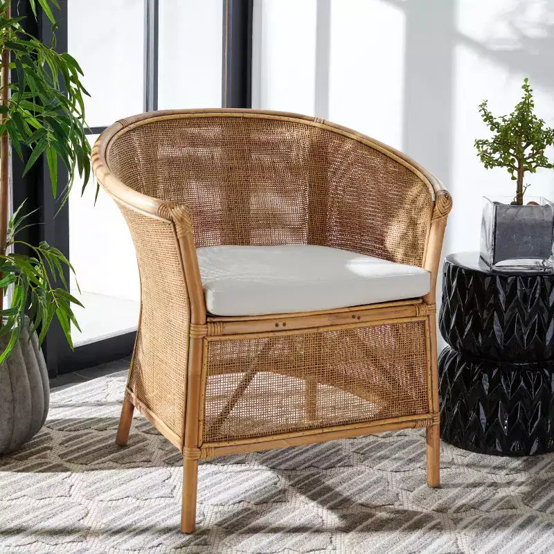 Fauteuil d'appoint Jessica en rotin avec coussin - ACH6519A - Blanc/Brun Miel Lavé - Safavieh