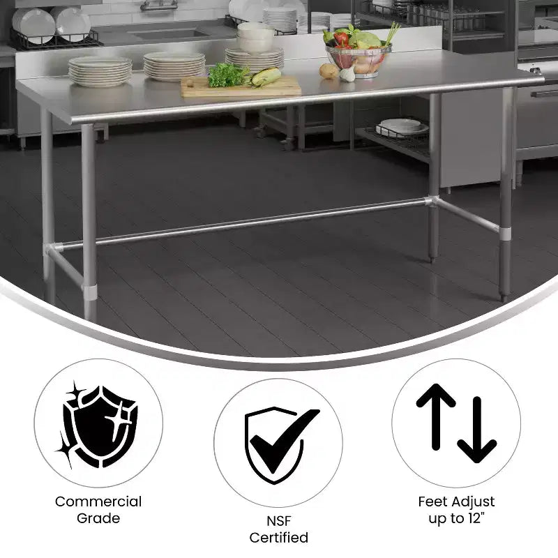 Table de préparation et de travail de cuisine Flash Furniture Reese en acier inoxydable 430 de calibre 18, de qualité commerciale, certifiée NSF, avec base ouverte et dosseret de 4 po