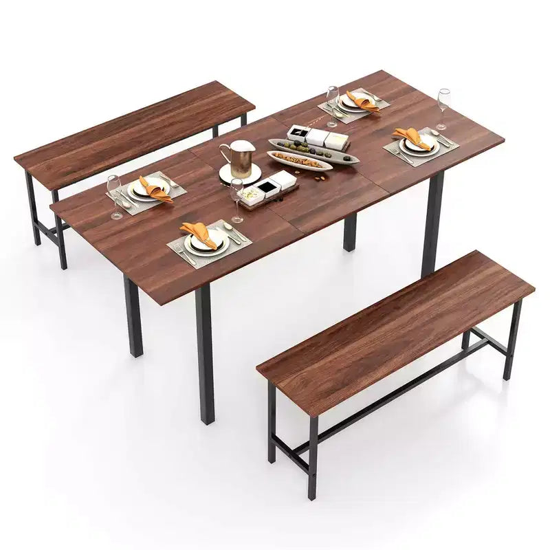 Costway Ensemble table à manger 3 pièces pour 4 à 6 personnes Table de cuisine de 160 cm avec 2 bancs Cadre en métal Noir/Noyer