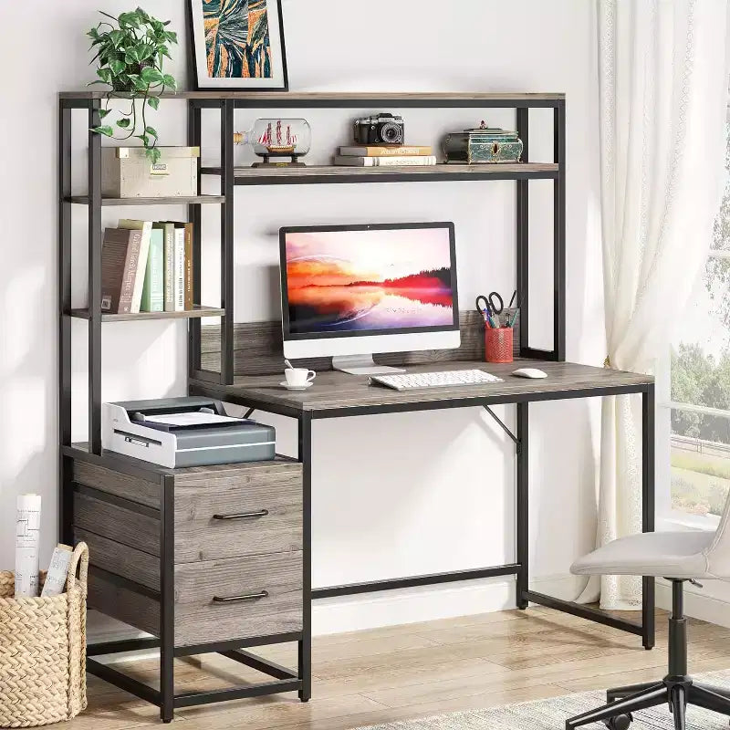 Bureau informatique de 55 pouces avec 2 tiroirs et étagères de rangement