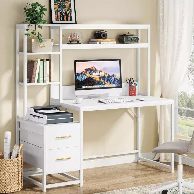 Bureau informatique de 55 pouces avec 2 tiroirs et étagères de rangement