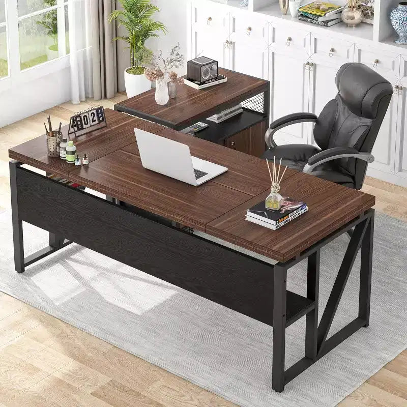 Bureau de direction en L de 63 po avec caisson de rangement