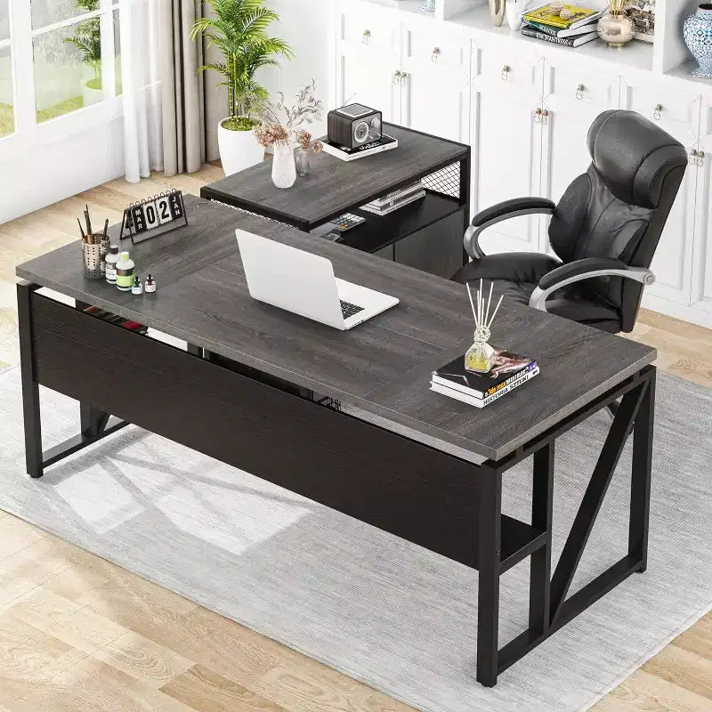 Bureau de direction en L de 63 po avec caisson de rangement