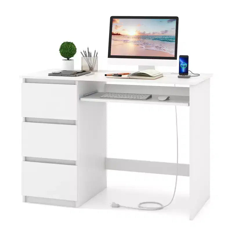 Bureau d'ordinateur Costway avec prise de courant, tiroir pour clavier et 3 grands tiroirs, ports USB et Type-C, Blanc/Naturel