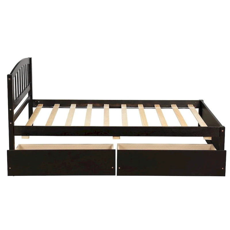 Lit plateforme en bois de taille double avec deux tiroirs et une tête de lit
