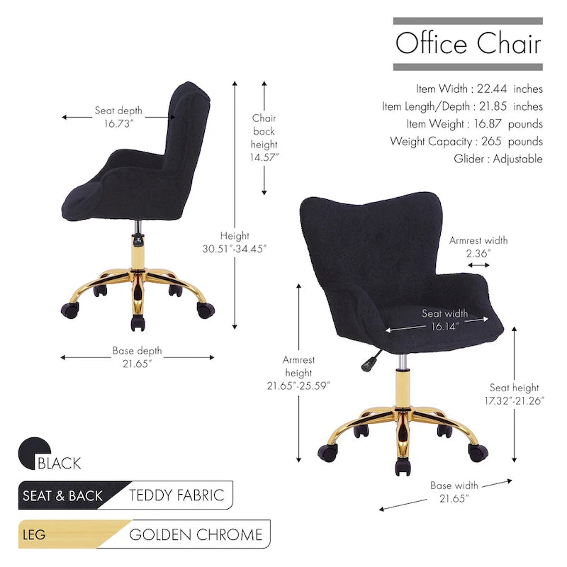 Chaise de bureau pivotante en tissu Teddy avec pieds chromés dorés
