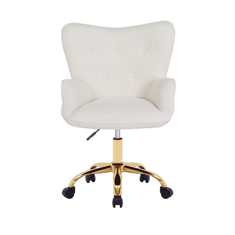 Chaise de bureau pivotante en tissu Teddy avec pieds chromés dorés