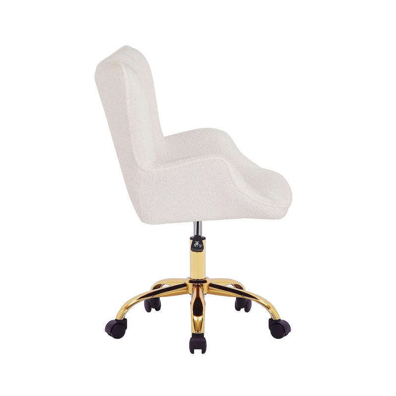 Chaise de bureau pivotante en tissu Teddy avec pieds chromés dorés