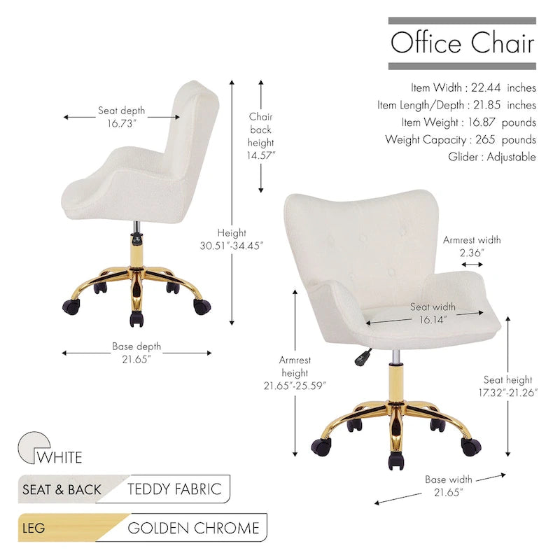 Chaise de bureau pivotante en tissu Teddy avec pieds chromés dorés