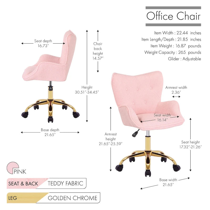 Chaise de bureau pivotante en tissu Teddy avec pieds chromés dorés