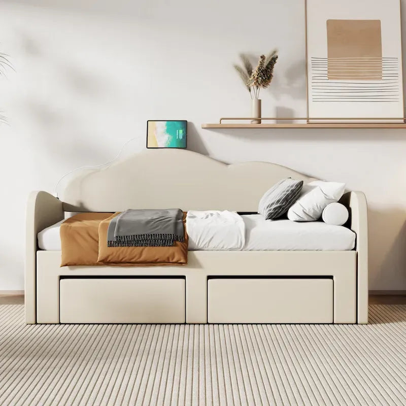 Lit de repos capitonné pour lit jumeau avec dossier en forme de nuage, lit gigogne relevable, 2 tiroirs de rangement et ports USB, beige