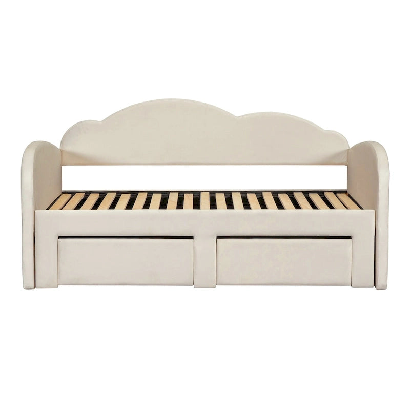 Lit de repos capitonné pour lit jumeau avec dossier en forme de nuage, lit gigogne relevable, 2 tiroirs de rangement et ports USB, beige