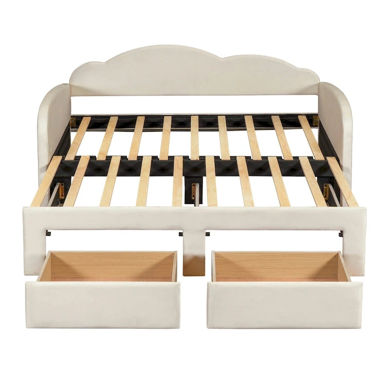 Lit de repos capitonné pour lit jumeau avec dossier en forme de nuage, lit gigogne relevable, 2 tiroirs de rangement et ports USB, beige