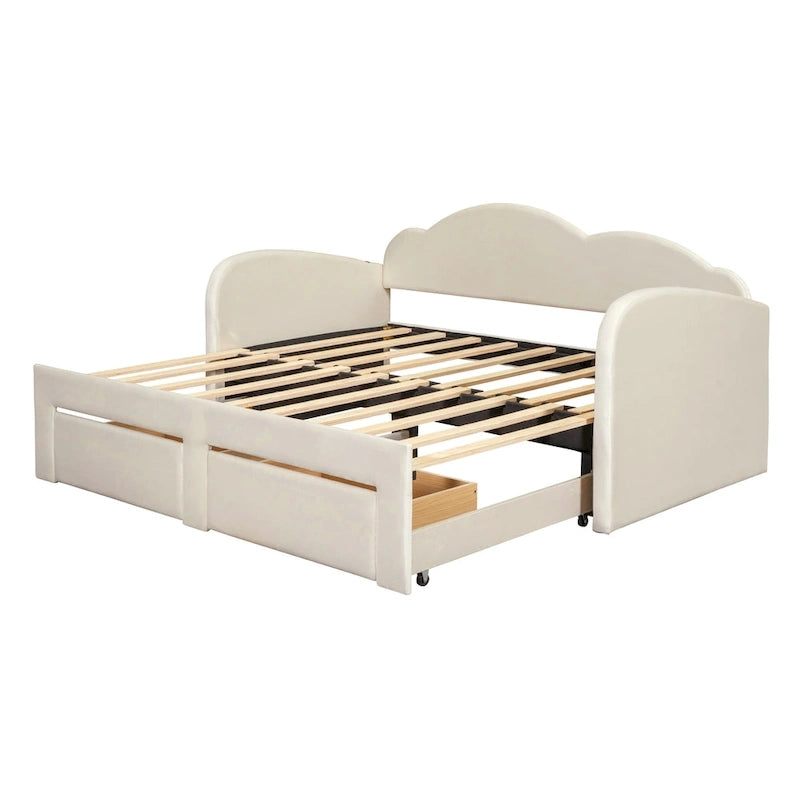 Lit de repos capitonné pour lit jumeau avec dossier en forme de nuage, lit gigogne relevable, 2 tiroirs de rangement et ports USB, beige