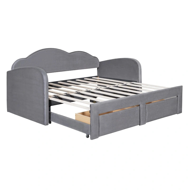 Lit de repos capitonné pour lit jumeau avec dossier en forme de nuage, lit gigogne relevable, 2 tiroirs de rangement et ports USB, beige