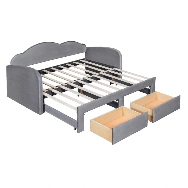 Lit de repos capitonné pour lit jumeau avec dossier en forme de nuage, lit gigogne relevable, 2 tiroirs de rangement et ports USB, beige