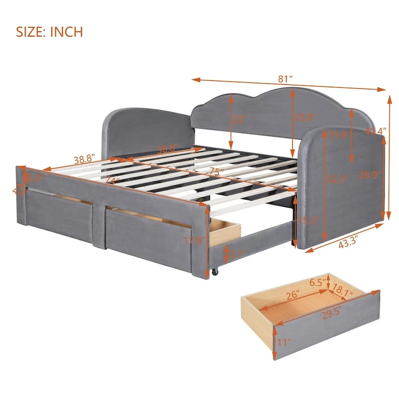 Lit de repos capitonné pour lit jumeau avec dossier en forme de nuage, lit gigogne relevable, 2 tiroirs de rangement et ports USB, beige