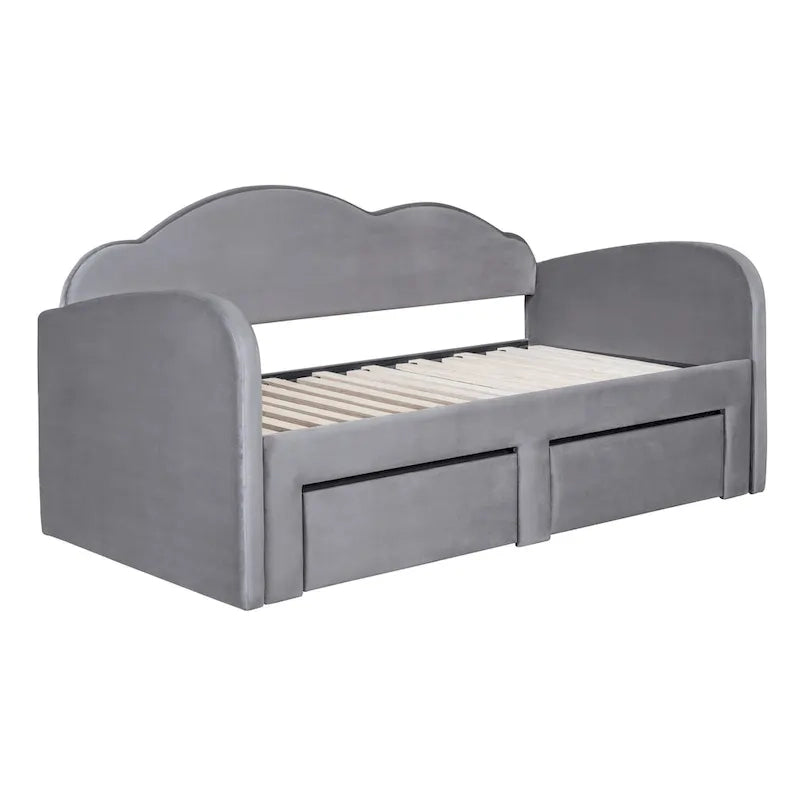 Lit de repos capitonné pour lit jumeau avec dossier en forme de nuage, lit gigogne relevable, 2 tiroirs de rangement et ports USB, beige