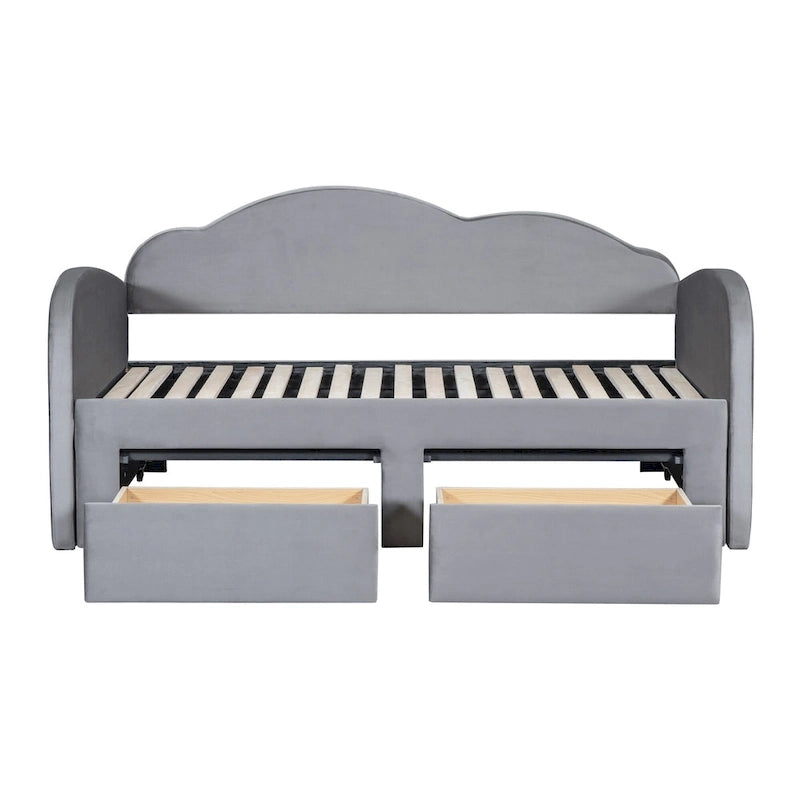Lit de repos capitonné pour lit jumeau avec dossier en forme de nuage, lit gigogne relevable, 2 tiroirs de rangement et ports USB, beige