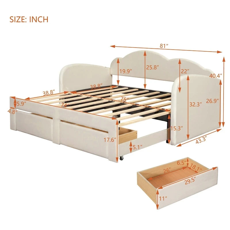 Lit de repos capitonné pour lit jumeau avec dossier en forme de nuage, lit gigogne relevable, 2 tiroirs de rangement et ports USB, beige