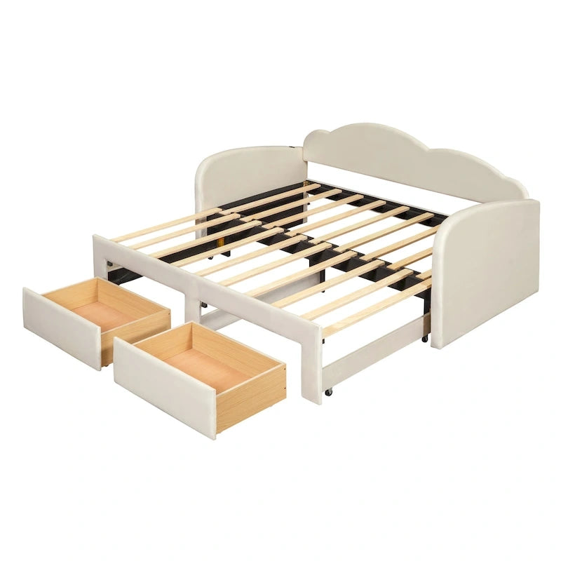 Lit de repos capitonné pour lit jumeau avec dossier en forme de nuage, lit gigogne relevable, 2 tiroirs de rangement et ports USB, beige