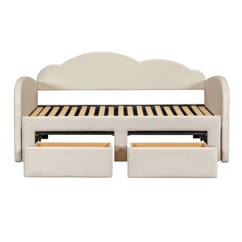 Lit de repos capitonné pour lit jumeau avec dossier en forme de nuage, lit gigogne relevable, 2 tiroirs de rangement et ports USB, beige