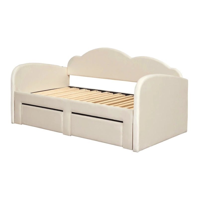 Lit de repos capitonné pour lit jumeau avec dossier en forme de nuage, lit gigogne relevable, 2 tiroirs de rangement et ports USB, beige