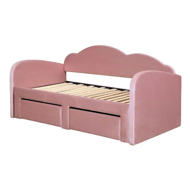 Lit de repos capitonné pour lit jumeau avec dossier en forme de nuage, lit gigogne relevable, 2 tiroirs de rangement et ports USB, beige