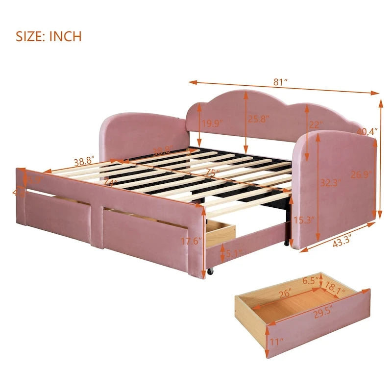 Lit de repos capitonné pour lit jumeau avec dossier en forme de nuage, lit gigogne relevable, 2 tiroirs de rangement et ports USB, beige