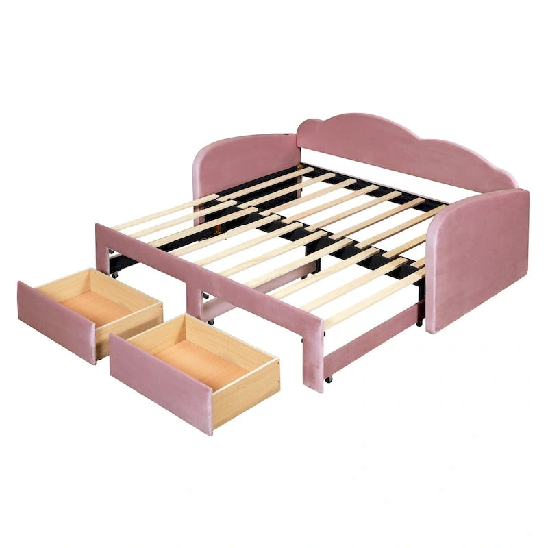 Lit de repos capitonné pour lit jumeau avec dossier en forme de nuage, lit gigogne relevable, 2 tiroirs de rangement et ports USB, beige