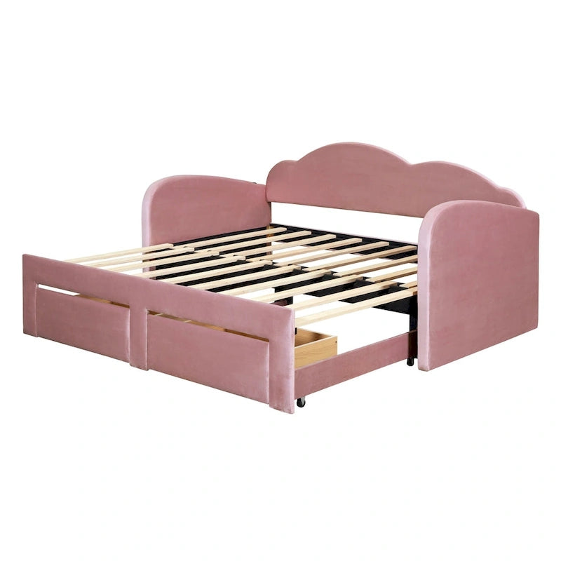 Lit de repos capitonné pour lit jumeau avec dossier en forme de nuage, lit gigogne relevable, 2 tiroirs de rangement et ports USB, beige