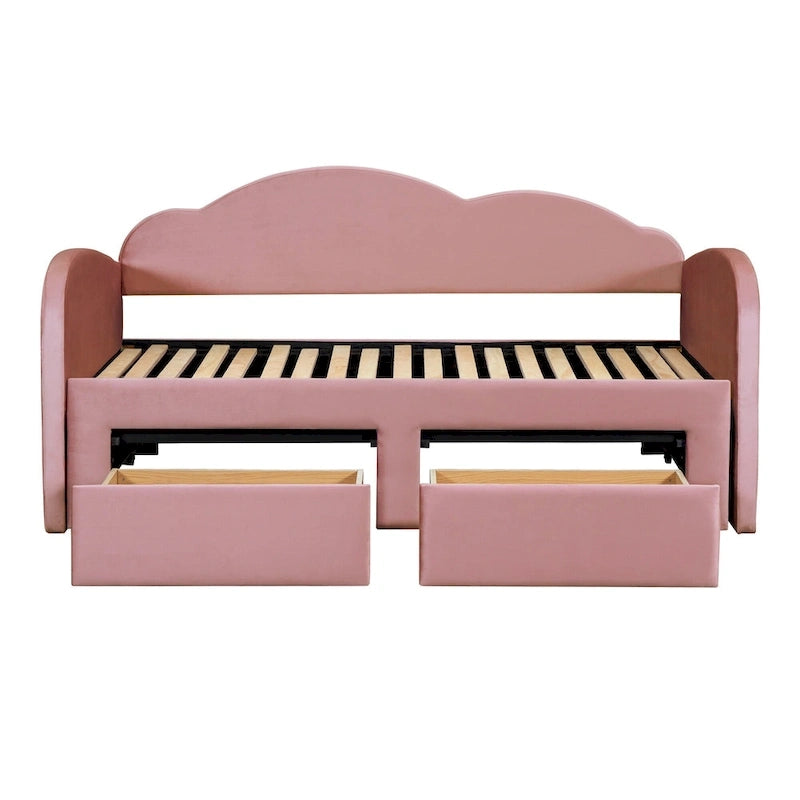 Lit de repos capitonné pour lit jumeau avec dossier en forme de nuage, lit gigogne relevable, 2 tiroirs de rangement et ports USB, beige