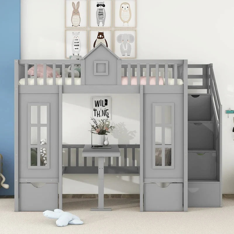 Lit superposé double sur double avec bureau convertible - Gris
